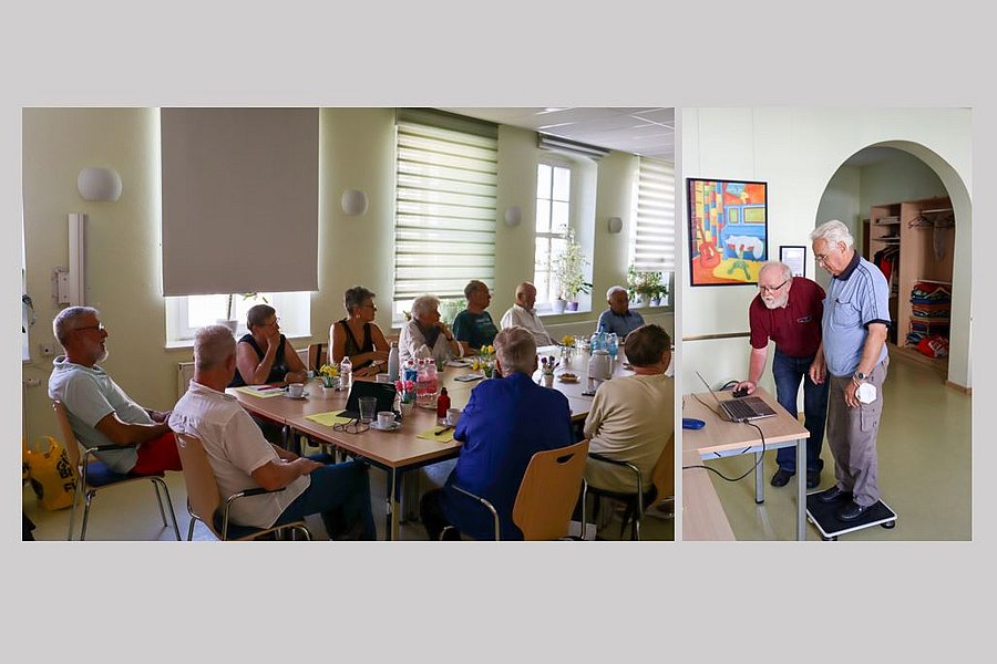 Senioren und Seniorinnen hören Vortrag und testen ein Videospiel